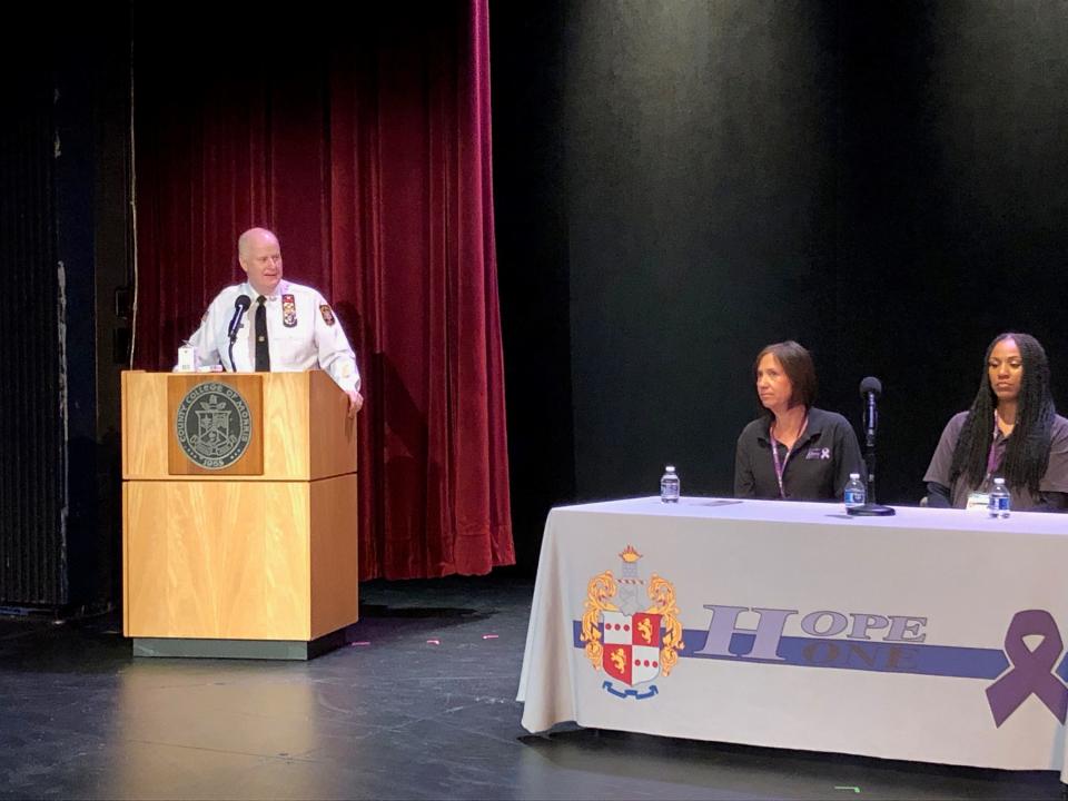 Morris County Sheriff Jim Gannon, left, speaks during a panel discussion at the Hope One Symposium marking the program's sixth anniversary at the County College of Morris Tuesday, April 4, 2023.