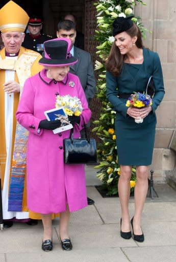 Britain's Catherine, The Duchess of Cambridge, (right) and Queen Elizabeth II are pictured as they visit Leicester Cathedral in central England, on March 8, 2012. Britain's Prince William and his wife Catherine celebrated their first wedding anniversary, marking the milestone in private after two billion TV viewers watched them wed in 2011