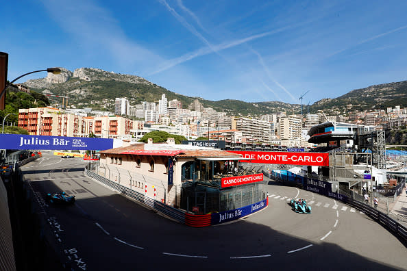 MONTE CARLO, MONACO - MAY 08: In the handout image provided by Jaguar Racing, Sam Bird (GBR), Jaguar Racing, Jaguar I-TYPE 5, leads Mitch Evans (NZL), Jaguar Racing, Jaguar I-TYPE 5  during the ABB FIA Formula E Championship - Monaco E-Prix Round 7 - on April 08, 2021 in Monte Carlo, Monaco. (Photo by Jaguar Racing via Getty Images)