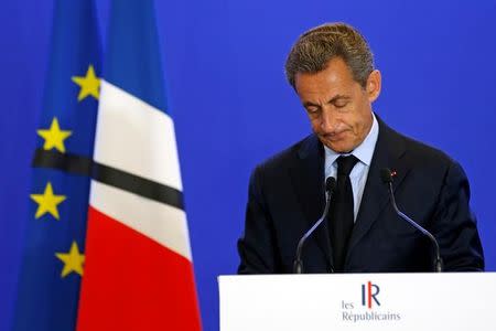 Nicolas Sarkozy, head of France's Les Republicains political party and former French president, makes a statement at his party's headquarters in Paris, France, after a priest was killed with a knife and another hostage seriously wounded in an attack on a church in Saint-Etienne-du-Rouvray carried out by assailants linked to Islamic State, July 26, 2016. REUTERS/Benoit Tessier