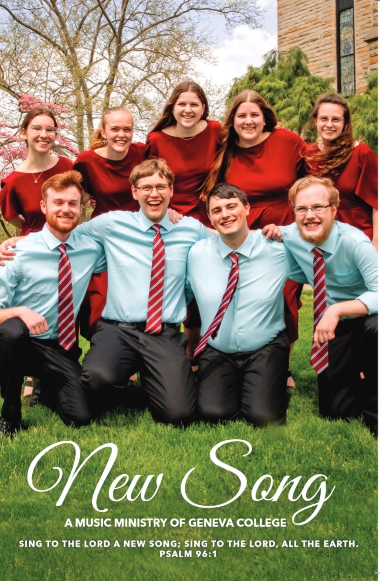 New Song, a music group from Geneva College, will perform for free July 10 on Minerva's Municipal Park Stage. Members include, front row from left, August Stenswold, James Hinkelman, Joey Tritt and Asa Sell; and, back row from left, Molly Wright, Bria McChesney, Hannah Forton, Chasee McCown and Sarabeth Shuck