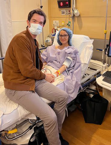 <p>Courtesy Olivia Munn</p> John Mulaney and Olivia Munn on the day of her double mastectomy.