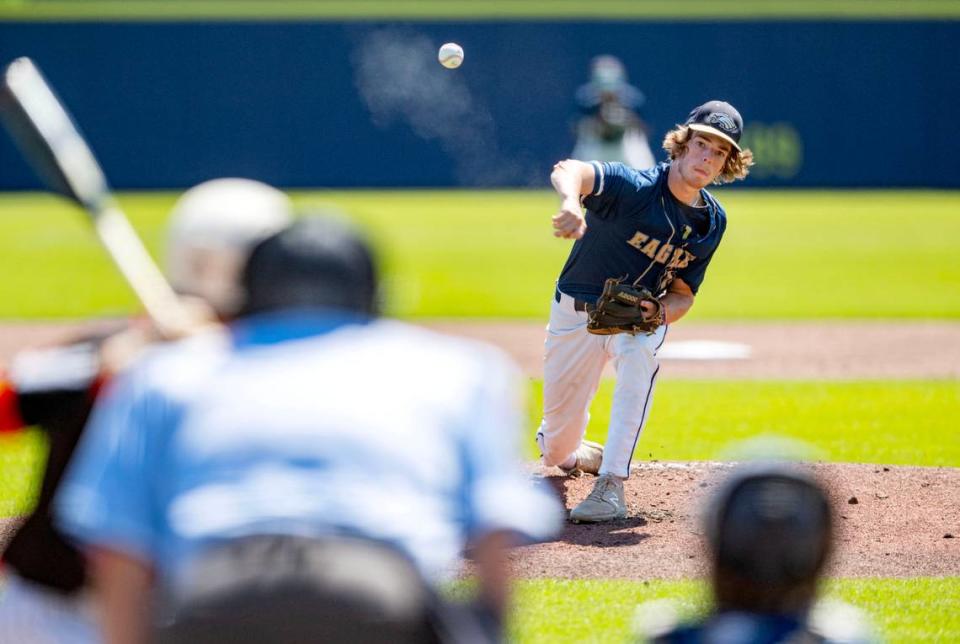 Bald Eagle Area’s Weston McClain pitches during the PIAA 2A championship game against Tri-Valley at Medlar Field on Thursday, June 13, 2024.