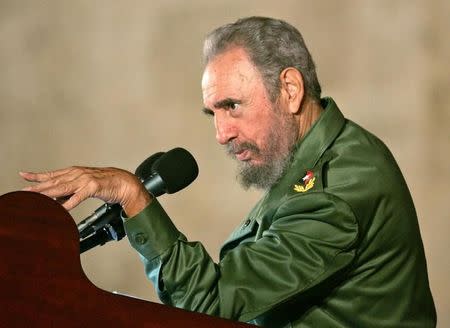 Then Cuban President Fidel Castro addresses the audience during a political rally in celebration of the 12th birthday of Cuban boy Elian Gonzalez in Cardenas in this December 6, 2005 file photo. REUTERS/Claudia Daut/File Photo
