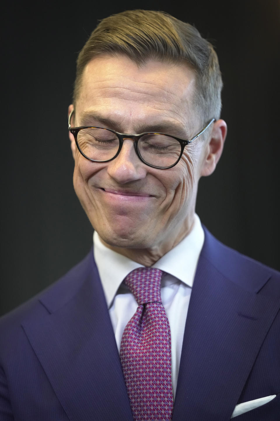 President elect Alexander Stubb smiles as he speaks with media in Helsinki, Finland, Monday, Feb. 12, 2024. The final tally shows Stubb, of the center-right National Coalition Party, had 51.6% of the votes, while independent candidate and former Foreign Minister Pekka Haavisto from the green left got 48.4% of the votes. The two were the contenders in the second round of the election. (AP Photo/Sergei Grits)