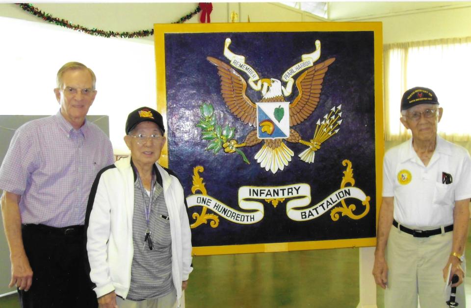 Veterans of the all-Nisei Japanese American 100th Battalion, a unit of the famous World War II all-Nisei 442nd Regimental Combat Team, hosted Wilbur Jones for brunch in their Honolulu clubhouse in 2011.