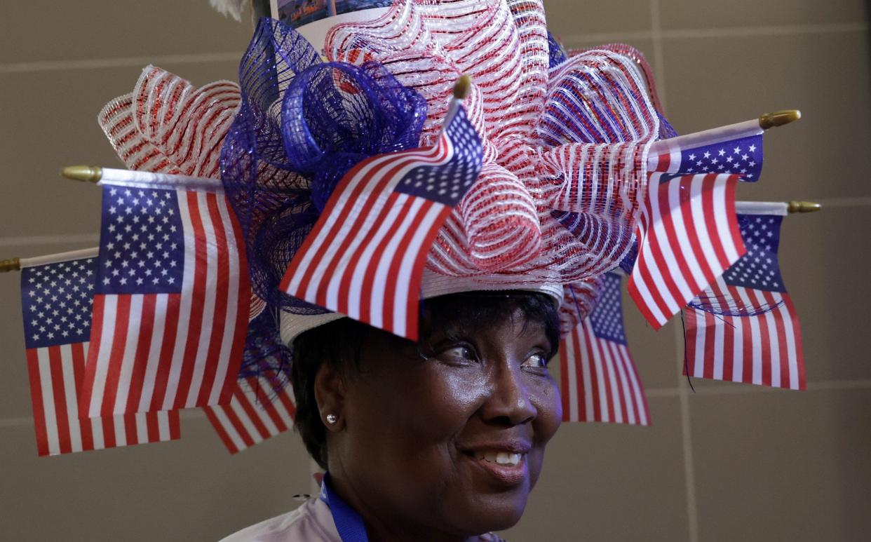 Jewel Cannada-Wynn of Pensacola, Florida arrives to the second day of the Democratic National Convention