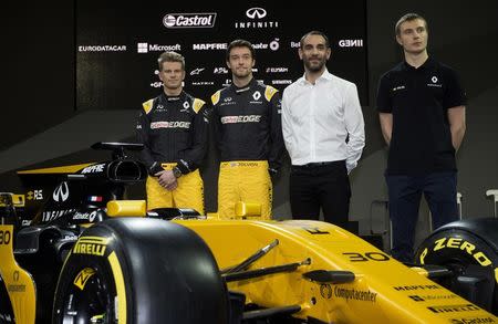 Britain Formula One - F1 - 2017 Renault Formula One Car Launch - The Lindley Hall, London - 21/2/17 Renault's Jolyon Palmer, Nico Hulkenberg, test driver Sergey Sirotkin and managing director Cyril Abiteboul during the launch Reuters / Alan Walter Livepic