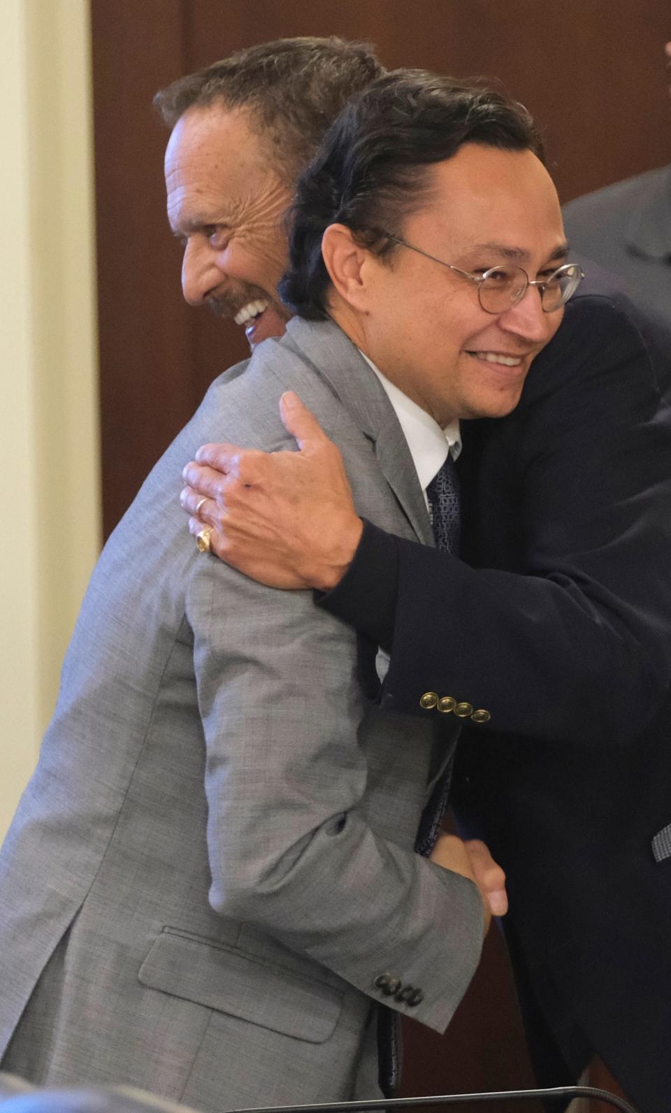 Rep. Ken Luttrell greets Cherokee Principal Chief Chuck Hoskin Jr. on Tuesday as House lawmakers begin a two-day study on state-tribal compacts.