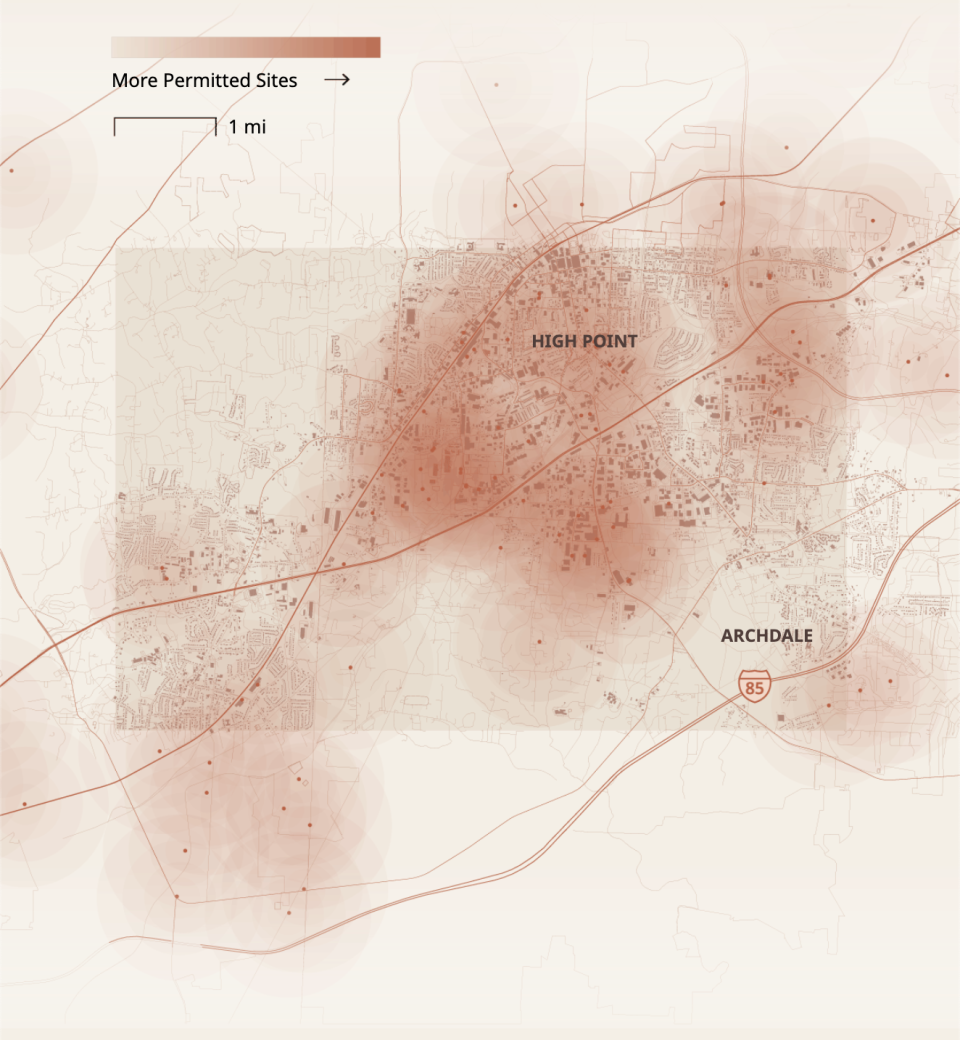 Density map of permitted pollution sites near High Point, NC