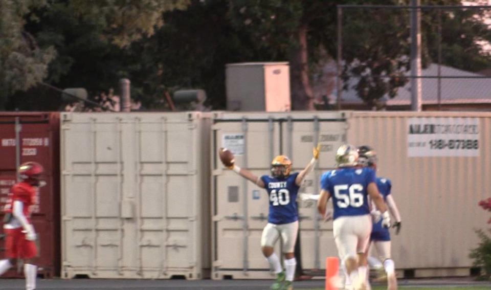 The County’s Trace Jackson of Kingsburg scores two touchdowns in a 19-14 victory over the City in the 69th City/County All-Star game at McLane Stadium in Fresno, California on Friday, June 16, 2023.