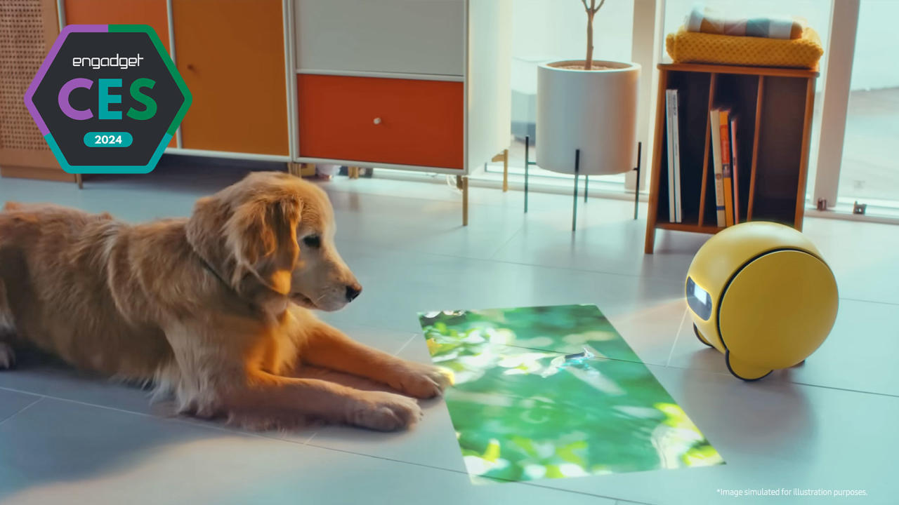 An image with a badge for Engadget Best of CES 2024 showing the product: Samsung Ballie robot, a rolling yellow sphere, which projects a wildlife scene on the ground between it and a golden retriever who's watching the video.
