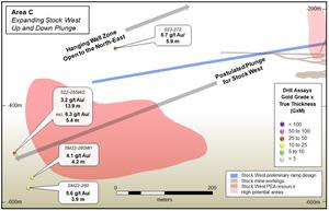 Area C - Longitudinal section (looking North) showing the outline (in red) of the PEA resource for Stock West. Also shown is the postulated shallow plunge (to the South-West) for the Stock West deposit.