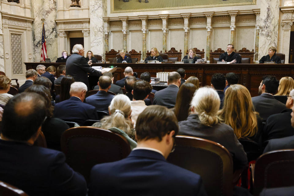 Richard M. Eisenberg, of the Wisconsin Institute for Law & Liberty, Inc., in Milwaukee, gives arguments before the Wisconsin Supreme Court in the Rebecca Clarke v. Wisconsin Elections Commission redistricting hearing at the Wisconsin state Capitol Building in Madison, Wis., on Tuesday, Nov. 21, 2023. (Ruthie Hauge,/The Capital Times via AP, Pool)