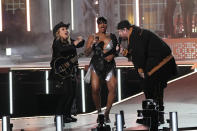 Melissa Etheridge from left, Fantasia, and Jelly Roll perform during "Live From Detroit: The Concert at Michigan Central" on Thursday, June 6, 2024, in Detroit. (AP Photo/Carlos Osorio)