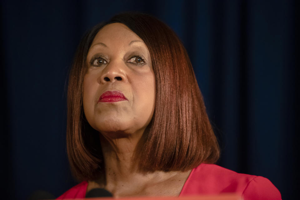 FILE - Lt. Gov. Sheila Oliver during a bill signing ceremony at the state capital in Trenton, N.J., Monday, Aug. 5, 2019. Oliver, who made history as the first Black woman to serve as speaker of the state Assembly, died Tuesday, Aug. 1, 2023. She was 71. (AP Photo/Matt Rourke, File)