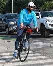 <p>Patrick Schwarzenegger rides his new bike (a gift from dad Arnold) through Santa Monica, California on Friday.</p>