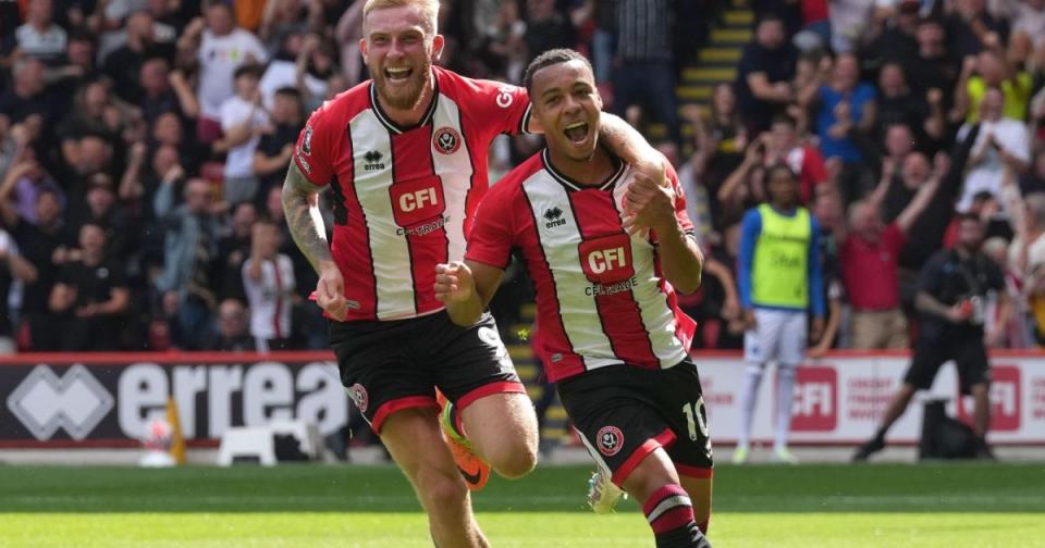 Cameron Archer celebrates his first goal for Sheffield United. Credit: Alamy