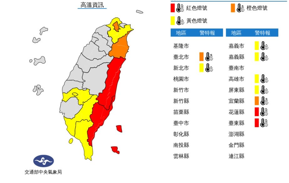 中央氣象局針對9縣市發布高溫資訊。   圖/中央氣象局