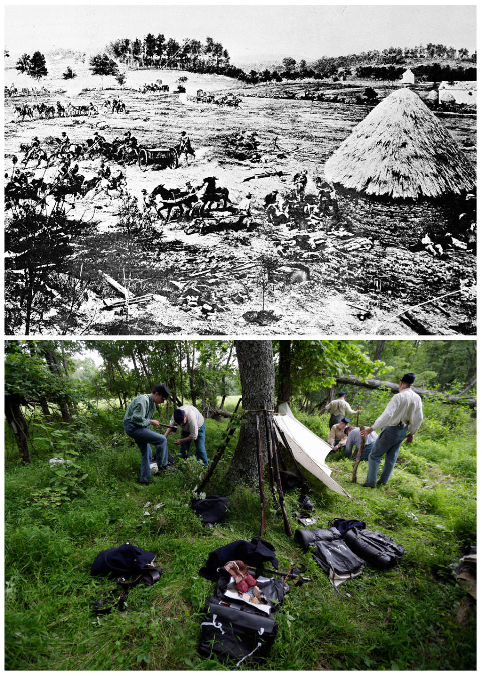 This combination image shows, top, a sketch made available by the Library of Congress of the field hospital headquarters at the Battle of Gettysburg in July 1863, and bottom, members of the Union Murray's Brigade setting up camp during ongoing activities commemorating the 150th anniversary of the Battle of Gettysburg, Thursday, June 27, 2013, in Gettysburg, Pa. (AP Photo)