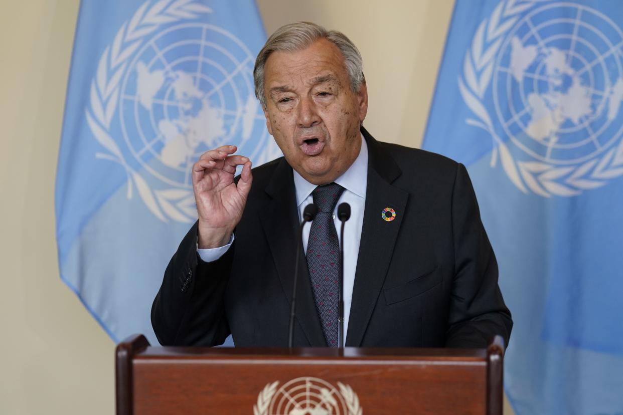 Antonio Guterres, Secretary-General of the United Nations, speaks to reporters after a meeting with British Prime Minister Boris Johnson at United Nations headquarters during the 76th Session of the U.N. General Assembly on Sept. 20, 2021, in New York. The British prime minister is one of more than 100 heads of state or government to attend the session in person, although the size of delegations is smaller due to the COVID-19 pandemic.