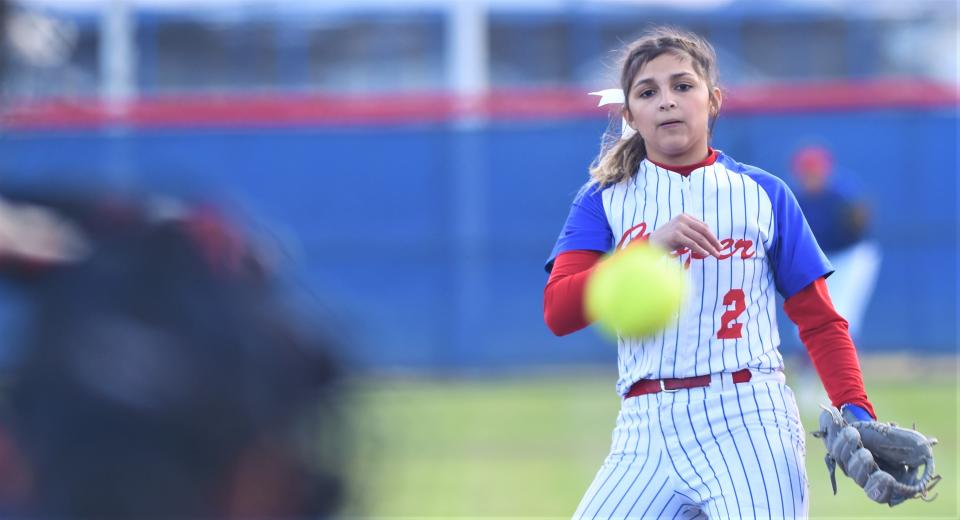 Abilene Cooper pitcher Jahlissah Marquez throws a pitch to a Lubbock-Cooper batter in the second inning. Lubbock-Cooper beat the Lady Coogs 7-1 in the District 4-5A opener Tuesday, March 22, 2022, at Cougar Diamond.