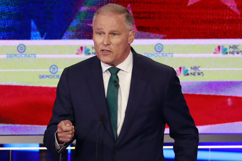 Democratic presidential candidate Washington Gov. Jay Inslee speaks during a Democratic primary debate hosted by NBC News at the Adrienne Arsht Center for the Performing Arts, Wednesday, June 26, 2019, in Miami. (AP Photo/Wilfredo Lee)