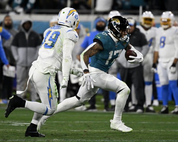 Jacksonville Jaguars tight end Evan Engram (R) totaled 13 targets and 11 catches through two weeks this season. File Photo by Joe Marino/UPI.