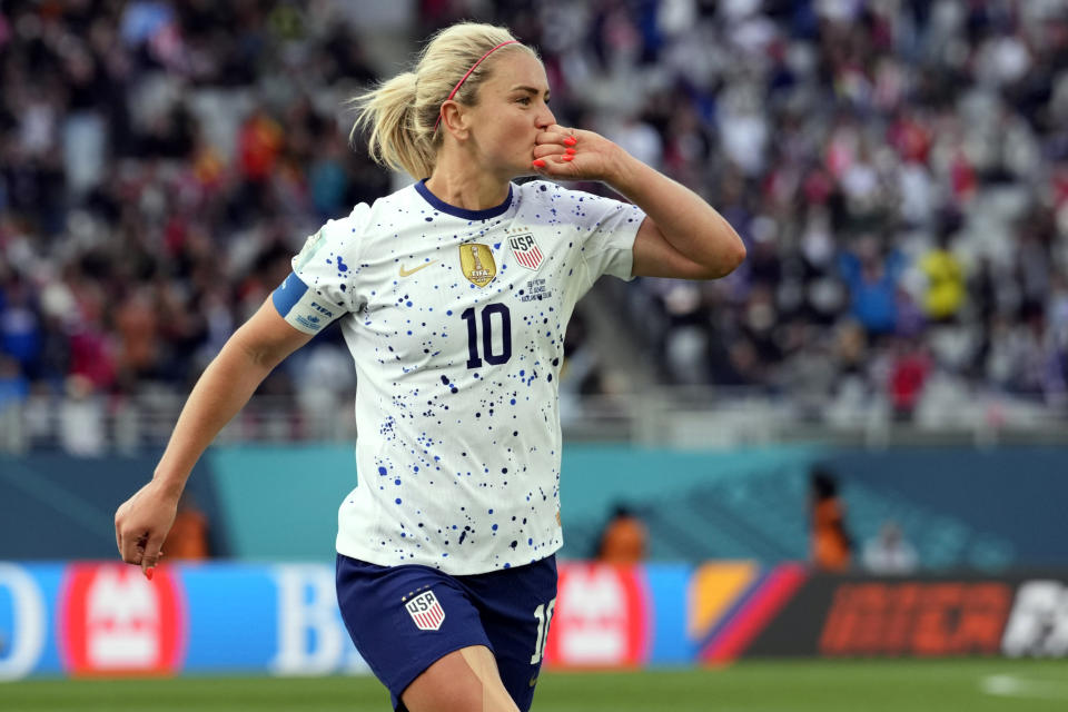 United States' Lindsey Horan (10) celebrates after scored their third goal during the second half of the Women's World Cup Group E soccer match between the United States and Vietnam at Eden Park in Auckland, New Zealand, Saturday, July 22, 2023. (AP Photo/Abbie Parr)