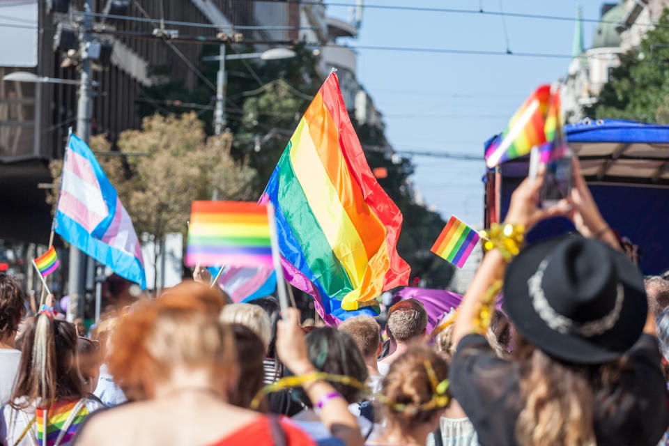 Crowd raising and holding rainbow gay flags during a Gay Pride. Trans flags can be seen as well in the background. The rainbow flag is one of the symbols of the LGBTQ community Picture of a crowd of people holding and raising rainbow flags, symbol of the homosexual struggle, during a gay demonstration. The rainbow flag, commonly known as the gay pride flag or LGBT pride flag, is a symbol of lesbian, gay, bisexual and transgender (LGBT) pride and LGBT social movements. Other older uses of rainbow flags include a symbol of peace.