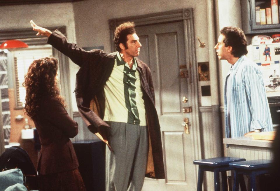 scene from season six of seinfeld with seinfeld, kramer, and elaine