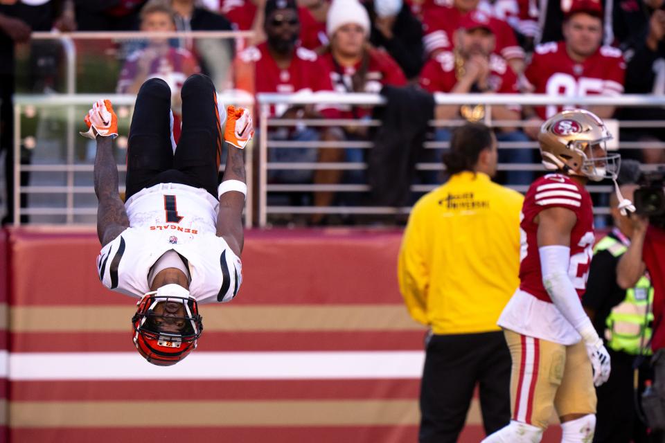 Cincinnati Bengals wide receiver Ja'Marr Chase (1) flips after scoring a touchdown in the fourth quarter of the NFL game between the Cincinnati Bengals and the San Francisco 49ers at Levi Stadium in Santa Clara, Calif., on Sunday, Oct 29, 2023.