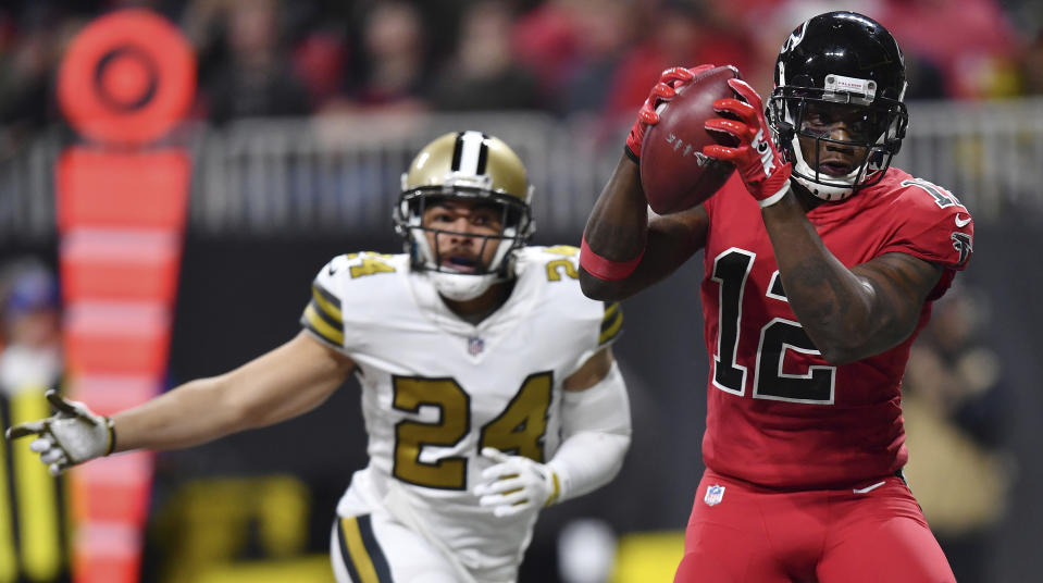 Atlanta Falcons wide receiver Mohamed Sanu (12) makes a touchdown catch against the New Orleans Saints. (AP)