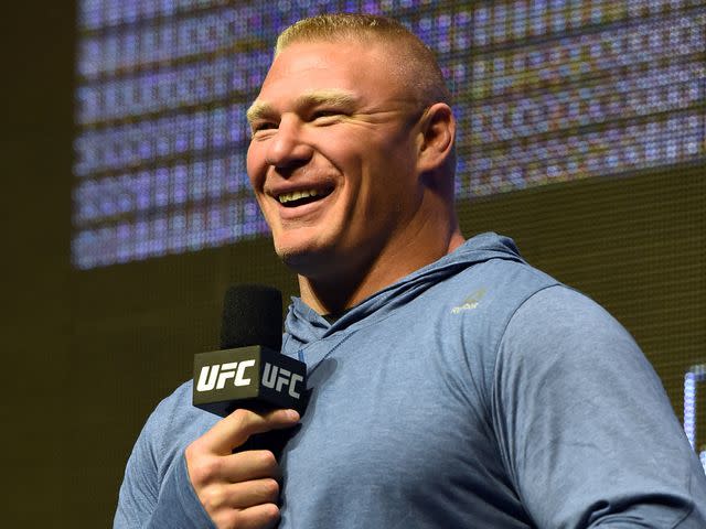 <p>Ethan Miller/Getty</p> Brock Lesnar during an open workout for UFC 200 at T-Mobile Arena on July 7, 2016 in Las Vegas, Nevada.