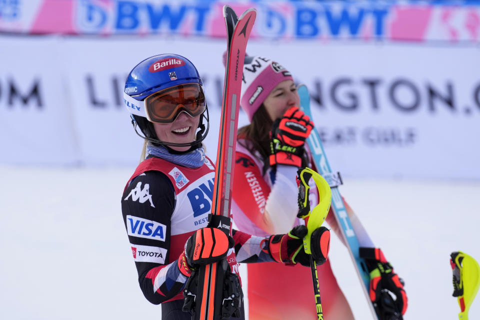 Mikaela Shiffrin of the United States celebrates her victory in a women's World Cup slalom skiing race Sunday, Nov. 26, 2023, in Killington, Vt. (AP Photo/Robert F. Bukaty)