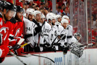 NEWARK, NJ - JUNE 09: Dwight King #74, Matt Greene #2 and Jarret Stoll #28 of the Los Angeles Kings look on late in the game against the New Jersey Devils during Game Five of the 2012 NHL Stanley Cup Final at the Prudential Center on June 9, 2012 in Newark, New Jersey. (Photo by Bruce Bennett/Getty Images)