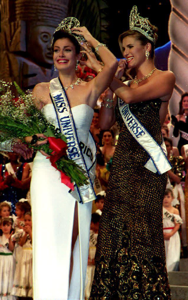 <p>Puerto Rican Dayanara Torres, pictured left, was crowned at age 18. That year's pageant was held in Mexico City, and the crowd booed when the Mexican contestant didn't place. </p>