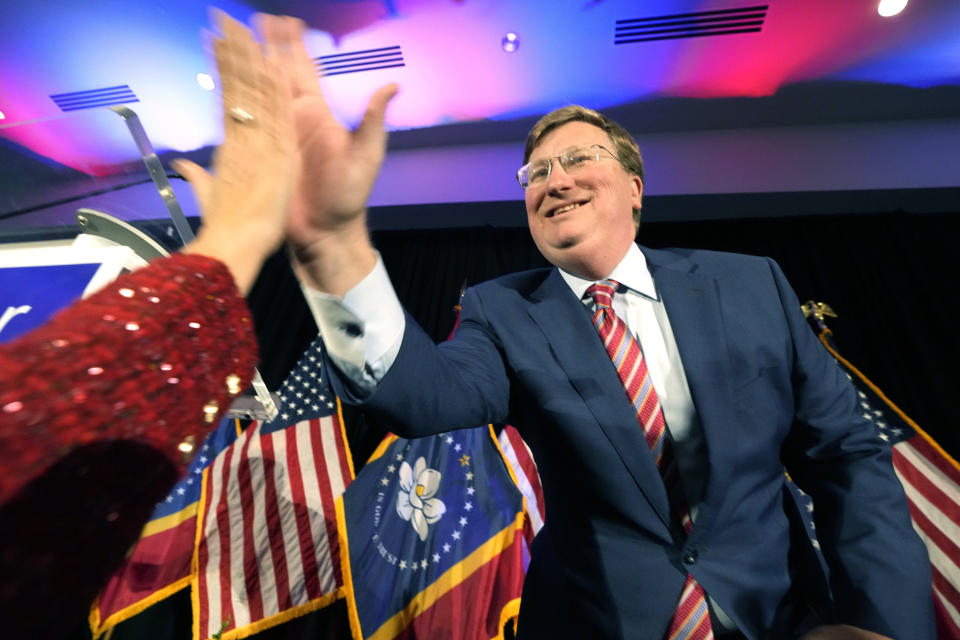 Mississippi Republican Gov. Tate Reeves greets a supporter before speaking to supporters at his gubernatorial reelection watch party in Flowood, Miss., Tuesday, Nov. 7, 2023. (AP Photo/Rogelio V. Solis)