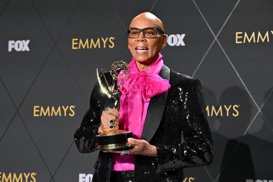 Outstanding reality TV competition program winner RuPaul for RuPaul's Drag Race poses in the press room during the 75th Emmy Awards at the Peacock Theatre in Los Angeles on Jan. 15, 2024.