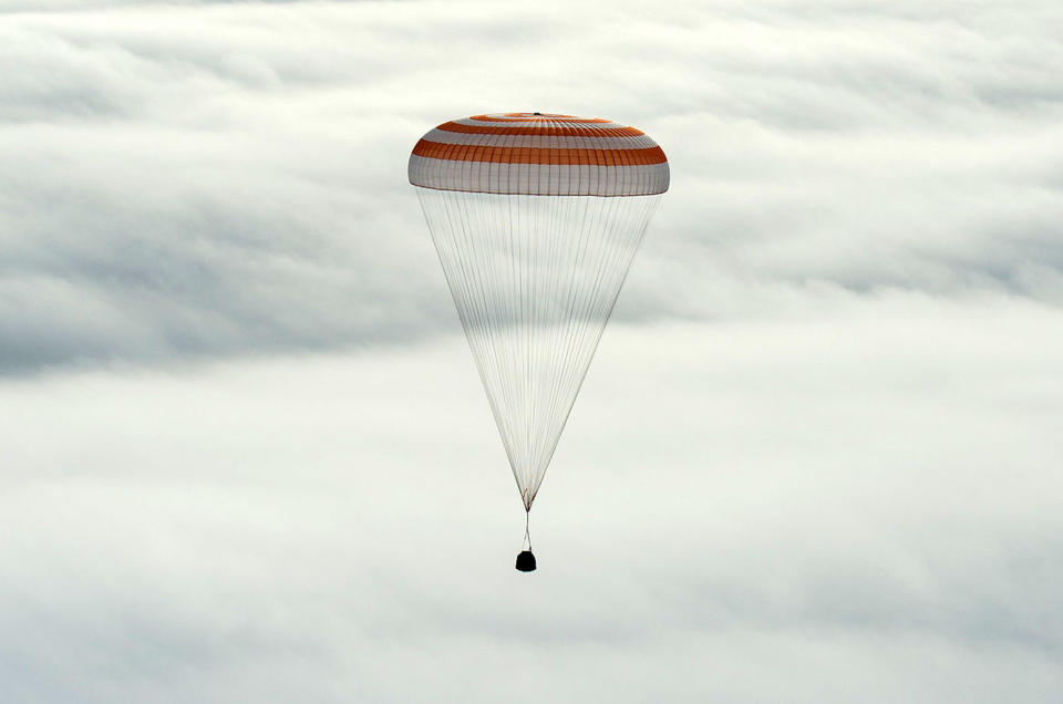 The Soyuz TMA-18M capsule returns from the International Space Station to a landing in Kazakhstan on March 2, 2016. <cite>NASA</cite>