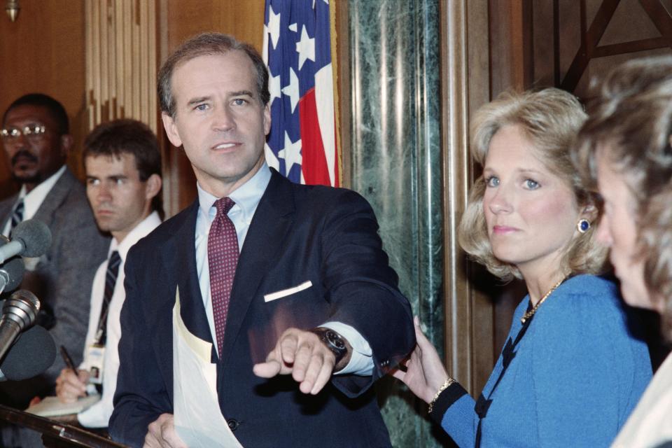 Joe Biden (pictured with his wife Jill) withdraws from the 1988 Democratic presidential nomination race in 1987AFP via Getty Images