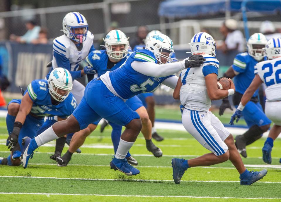 West Florida Argo Justice Willimas (54) goes after Chowan quarterback Rashad McKee (7) during the final game of the regular season against Chowan Saturday, Novermber 11, 2020 at the University of West Florida.