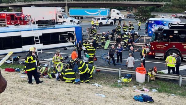 PHOTO: Emergency responders attend to the scene of a bus accident on the Turnpike in Woodbridge, N.J., Aug. 9, 2022. (Gary Lee Fortner)