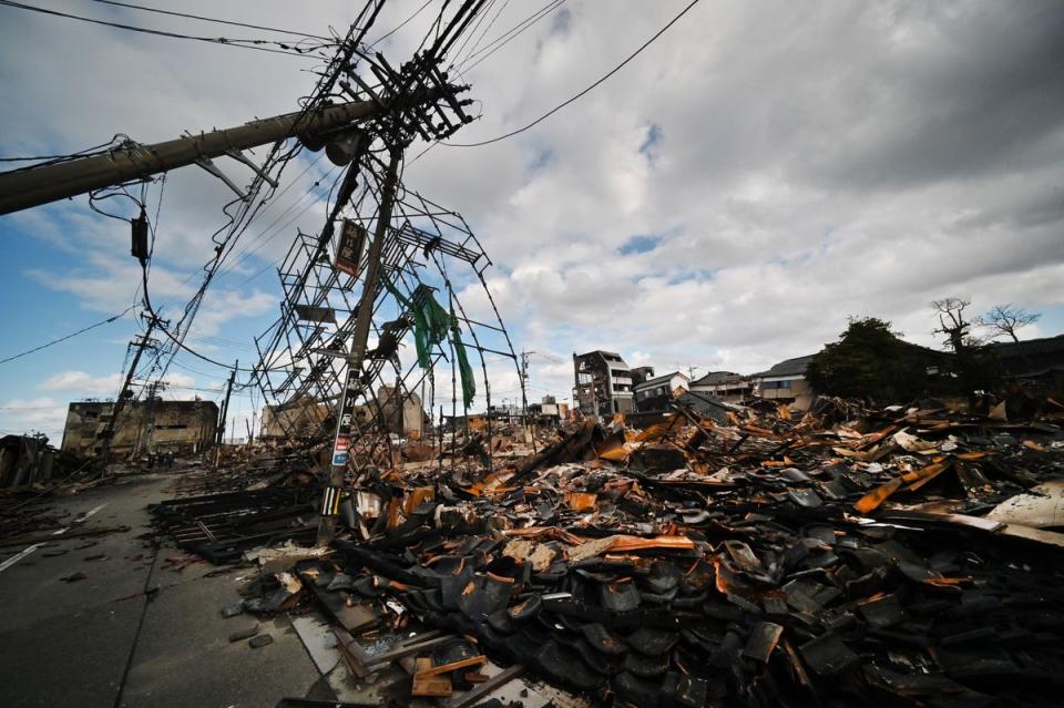 Ruins of a shopping district that caught fire due to the earthquake in Wajima (AFP via Getty Images)