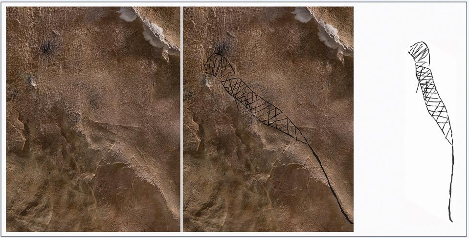 Imagery of a nearly 11-foot cave drawing of a serpent figure with a round head and diamond-shaped body markings from "19th Unnamed Cave" in Alabama. Revealed etchings superimposed with illustration by Jan Simek.
