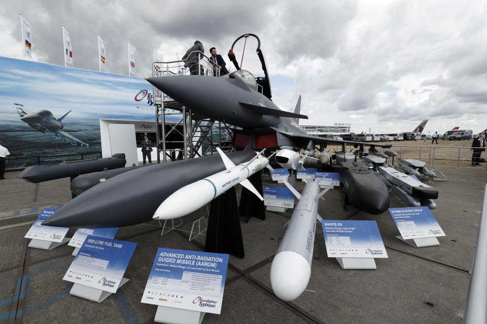 <p>BAE Systems exhibits a Eurofighter Typhoon aircraft at the 2018 Farnborough Airshow, southwest of London</p> (AFP/Getty)