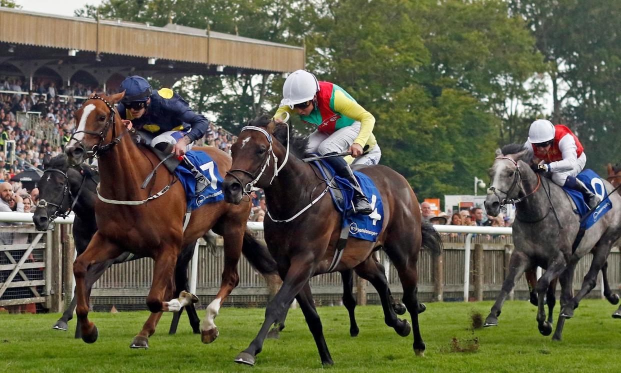 <span>Mill Stream just holds off Swingalong (left) in the July Cup at Newmarket.</span><span>Photograph: Steven Cargill/racingfotos.com/Shutterstock</span>