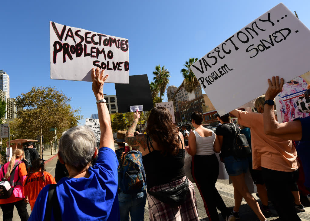 Protesters hold signs about vasectomies