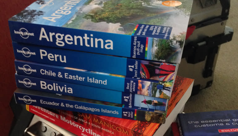 A year's worth of "book learnin'" for a two-month journey. The Lonely Planet books also come in digital form for easy transport on an smartphone or tablet.