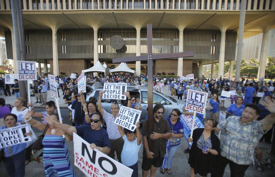 Thousands of people gather at a rally against same sex marriage at the Hawaii State Capital in Honolulu